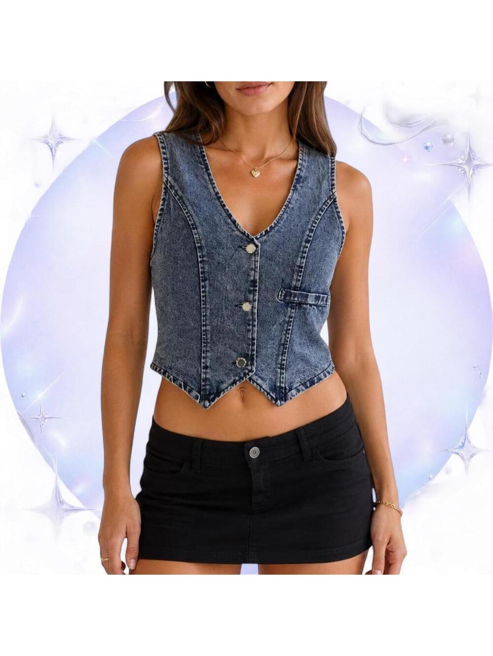 Y2K Acid-Wash Denim Button-Front Vest